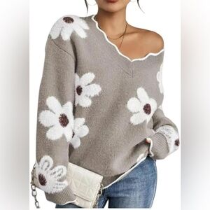 Amazon Taupe Off-the-Shoulder Daisy Sweater with White Flowers